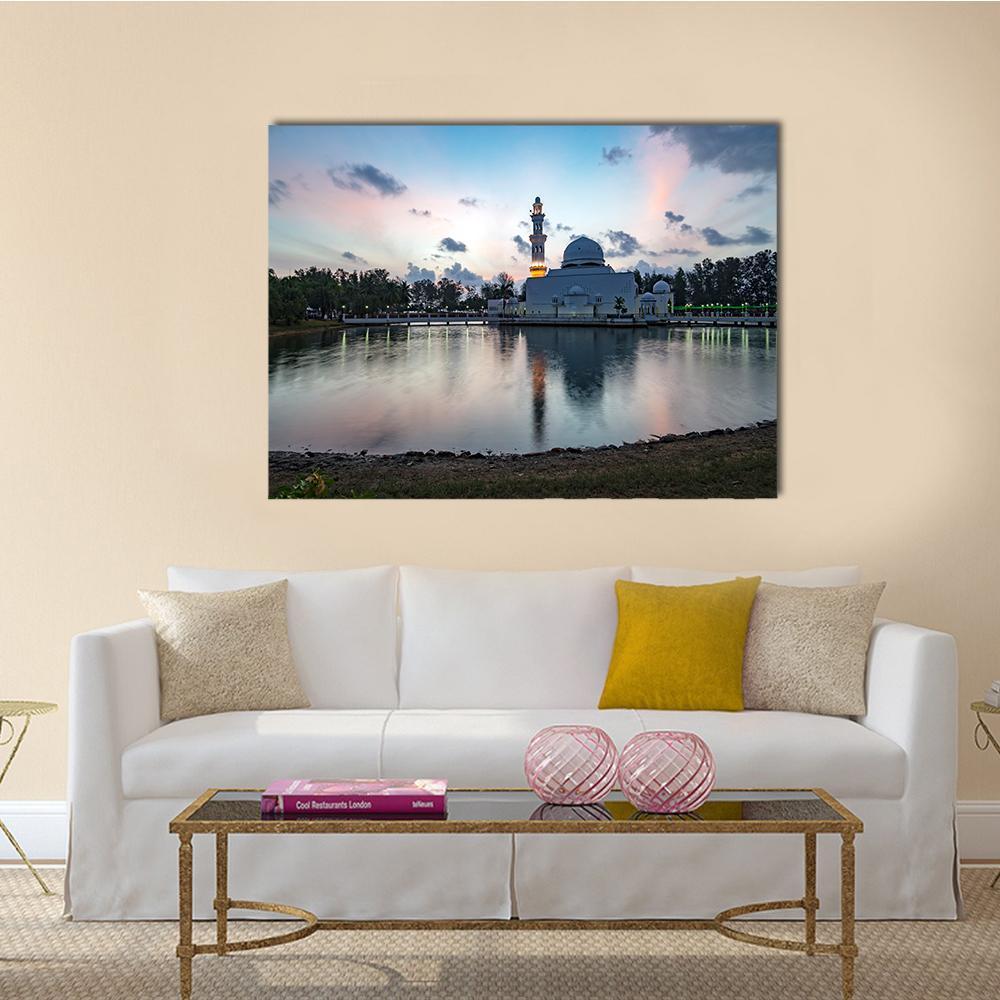 White Mosque By The Lakeside Canvas Wall Art-1 Piece-Gallery Wrap-48" x 32"-Tiaracle