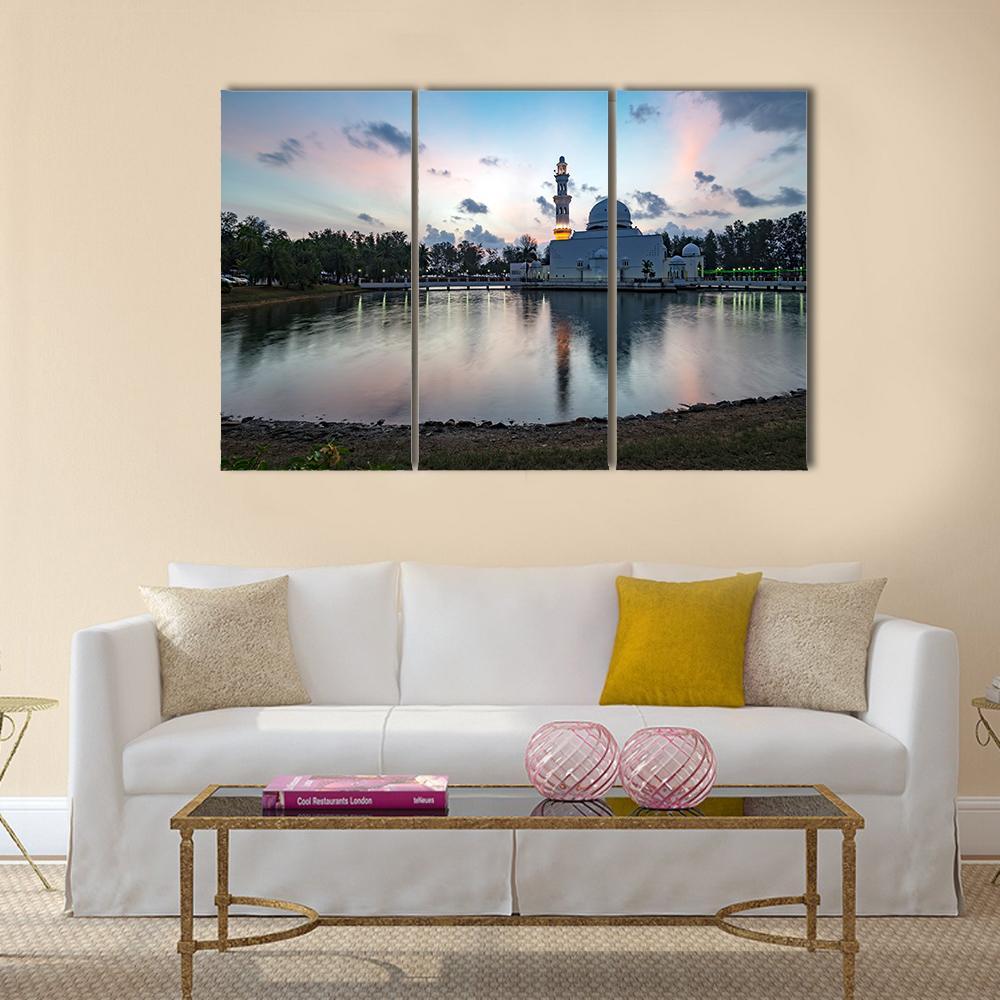 White Mosque By The Lakeside Canvas Wall Art-3 Horizontal-Gallery Wrap-37" x 24"-Tiaracle