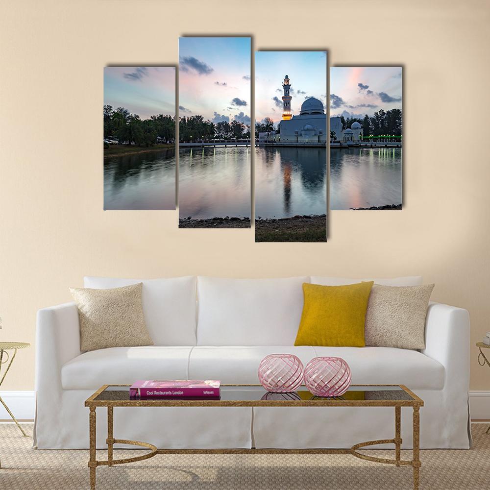 White Mosque By The Lakeside Canvas Wall Art-4 Pop-Gallery Wrap-50" x 32"-Tiaracle