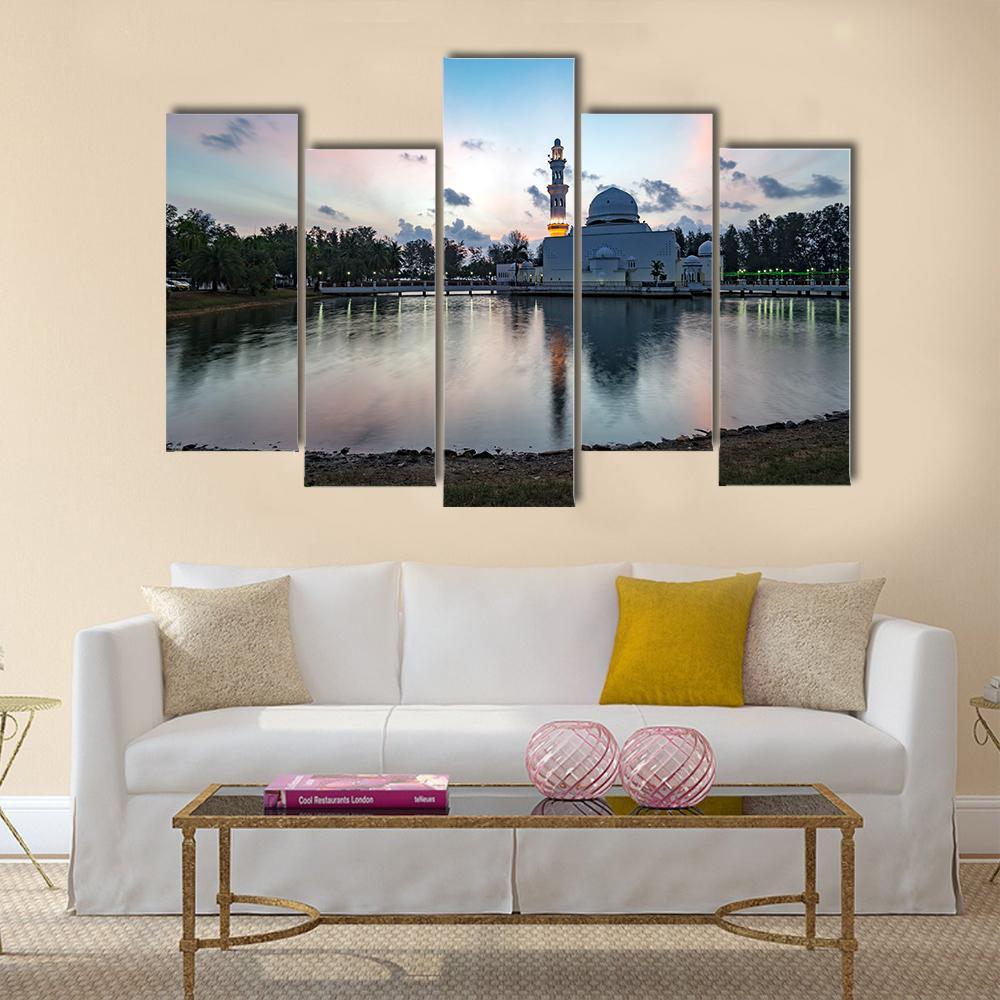 White Mosque By The Lakeside Canvas Wall Art-5 Pop-Gallery Wrap-47" x 32"-Tiaracle