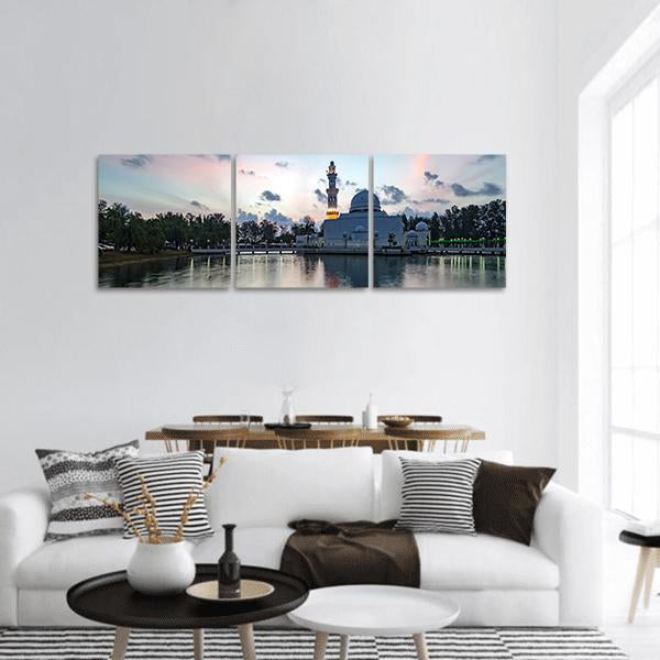 White Mosque at Dusk, Malaysia Panoramic Canvas Wall Art in white, gray and blue, hung on a wall