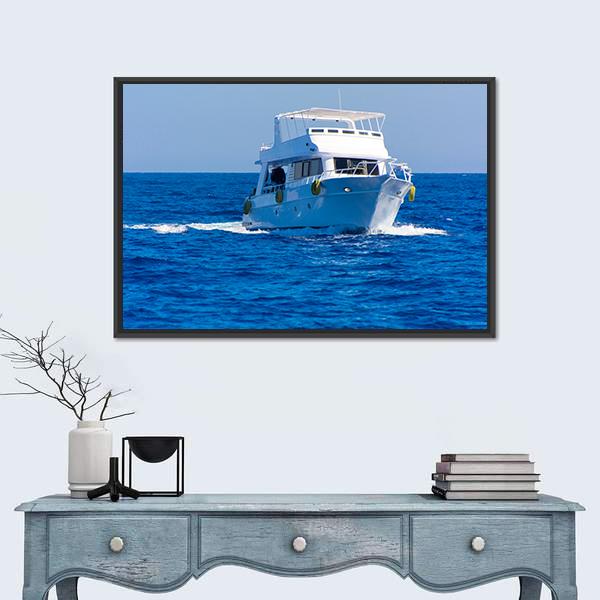 White Motor Yacht In The Sea Canvas Wall Art-1 Piece-Floating Frame-24" x 16"-Tiaracle