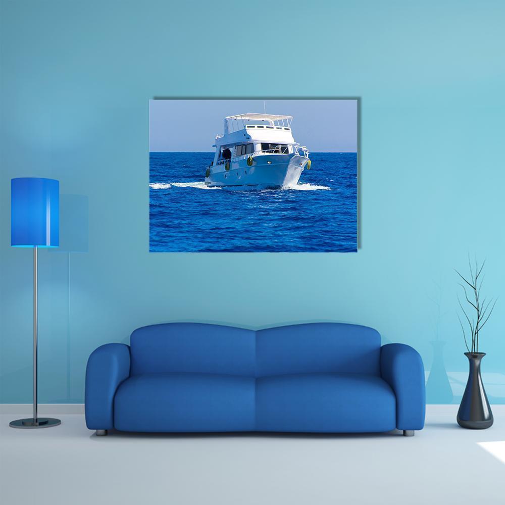 White Motor Yacht In The Sea Canvas Wall Art-1 Piece-Gallery Wrap-36" x 24"-Tiaracle