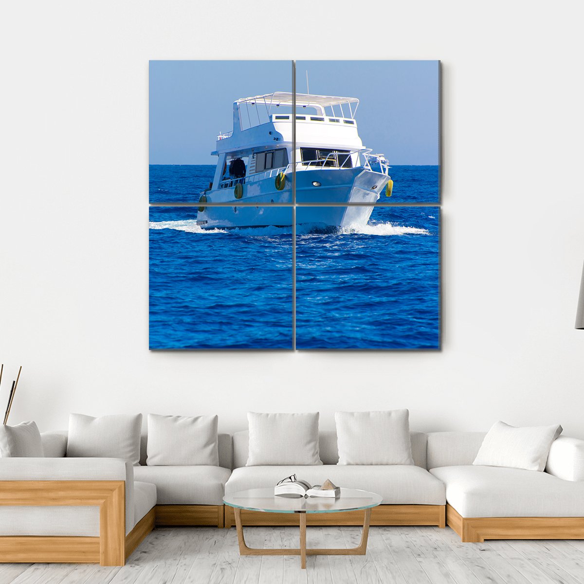 White Motor Yacht In The Sea Canvas Wall Art-4 Square-Gallery Wrap-17" x 17"-Tiaracle
