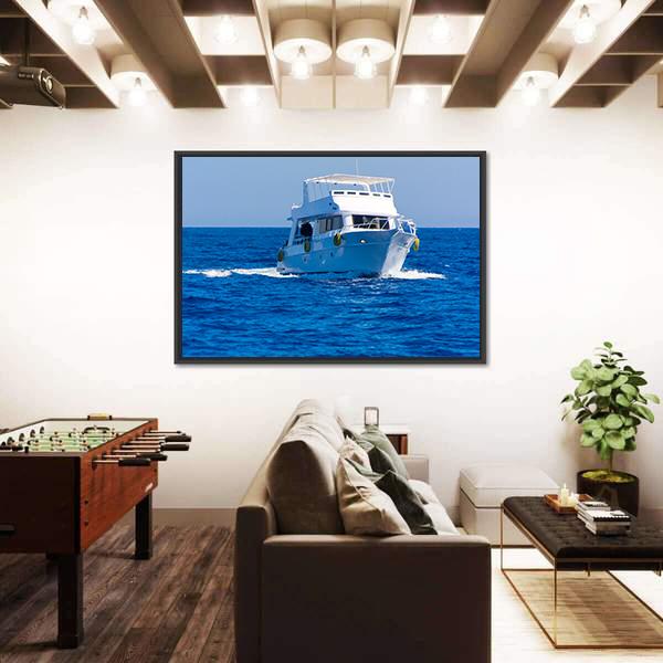White Motor Yacht In The Sea Canvas Wall Art-3 Horizontal-Gallery Wrap-25" x 16"-Tiaracle
