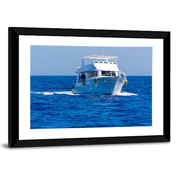 White Motor Yacht In The Sea Canvas Wall Art-3 Horizontal-Gallery Wrap-25" x 16"-Tiaracle