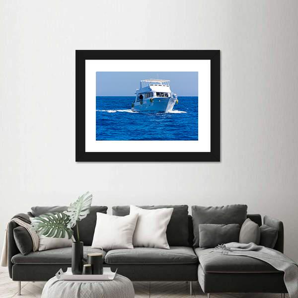 White Motor Yacht In The Sea Canvas Wall Art-3 Horizontal-Gallery Wrap-25" x 16"-Tiaracle