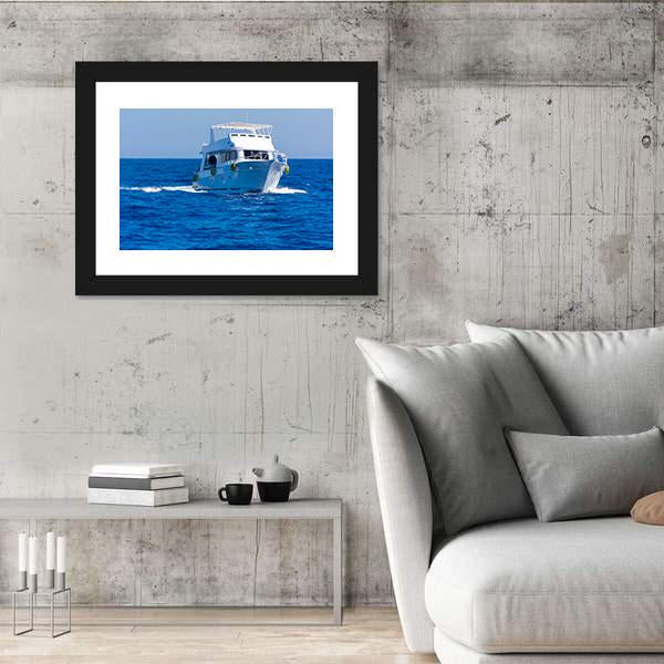 White Motor Yacht In The Sea Canvas Wall Art-3 Horizontal-Gallery Wrap-25" x 16"-Tiaracle