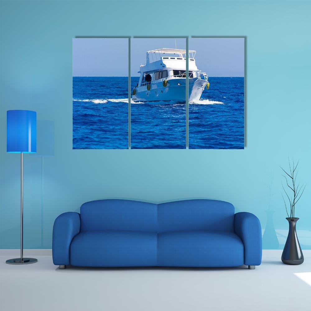 White Motor Yacht In The Sea Canvas Wall Art-3 Horizontal-Gallery Wrap-37" x 24"-Tiaracle