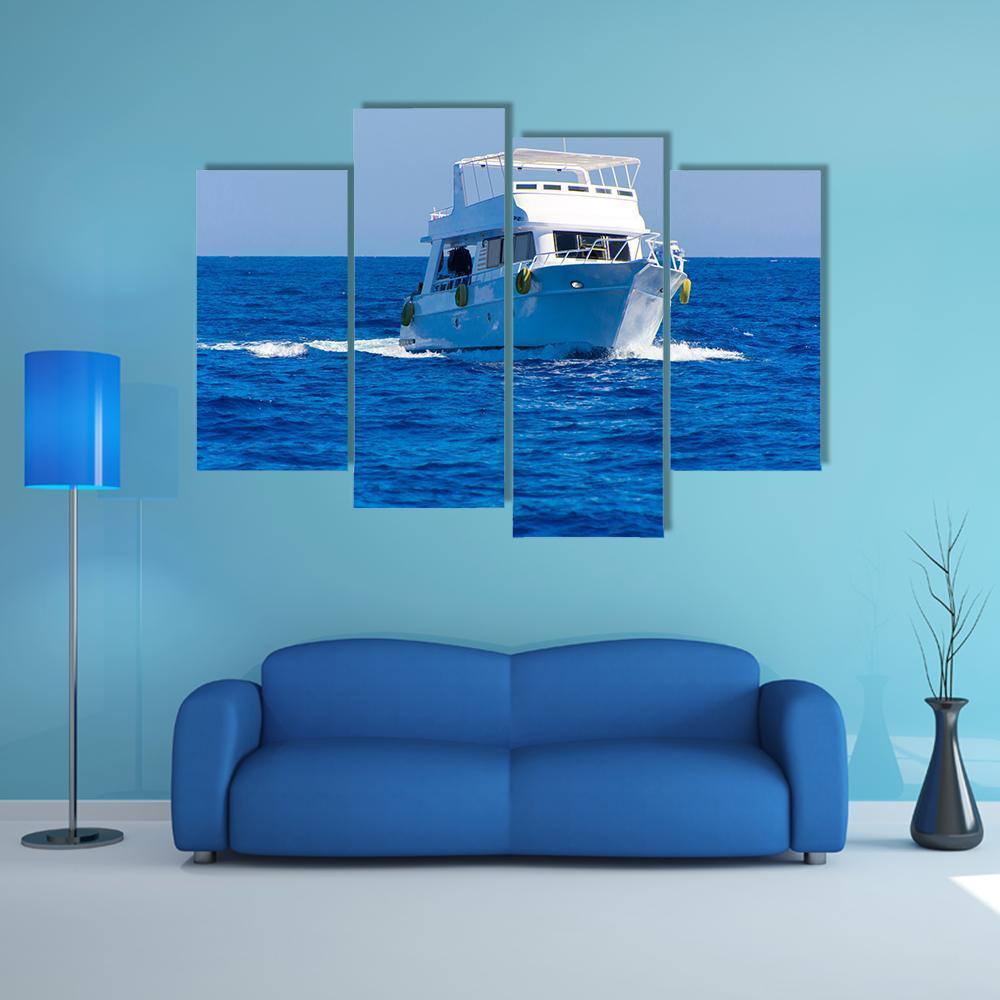 White Motor Yacht In The Sea Canvas Wall Art-4 Pop-Gallery Wrap-50" x 32"-Tiaracle