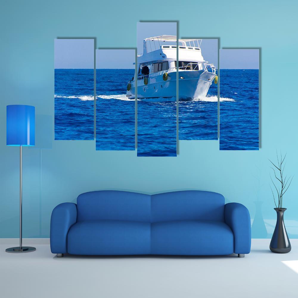 White Motor Yacht In The Sea Canvas Wall Art-5 Pop-Gallery Wrap-47" x 32"-Tiaracle