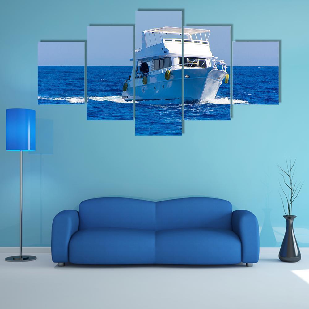White Motor Yacht In The Sea Canvas Wall Art-5 Star-Gallery Wrap-62" x 32"-Tiaracle