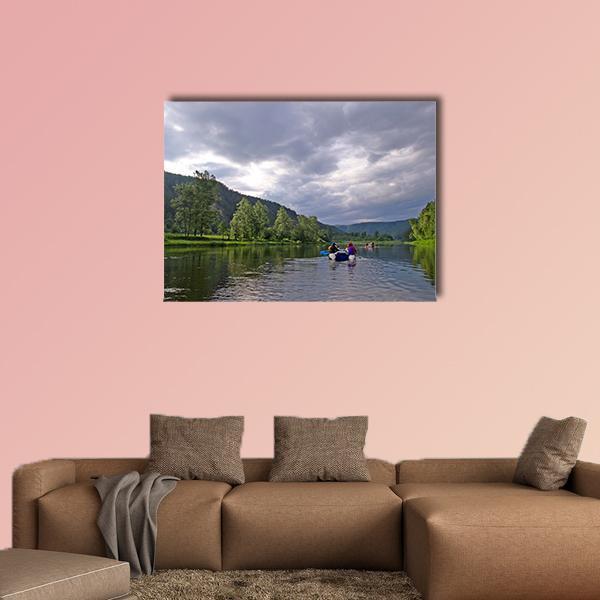 White River Rafting Scene Canvas Wall Art in gray, green and blue, single panel hung on a wall