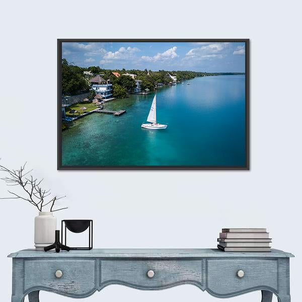 White Sailing Yacht In Mexico Canvas Wall Art-1 Piece-Floating Frame-24" x 16"-Tiaracle