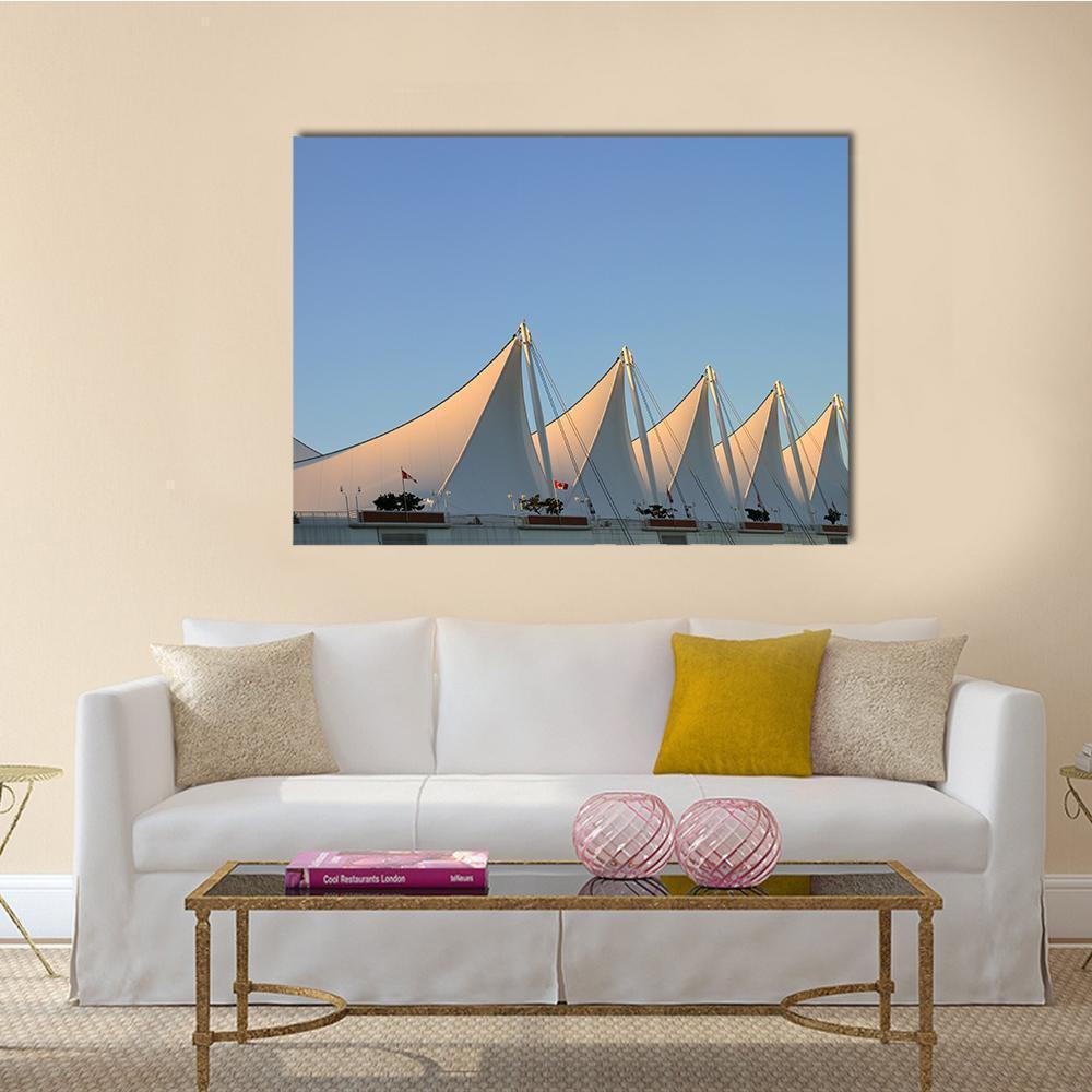 White Sails in Vancouver Canvas Wall Art in white, beige and blue, single panel hung on a wall