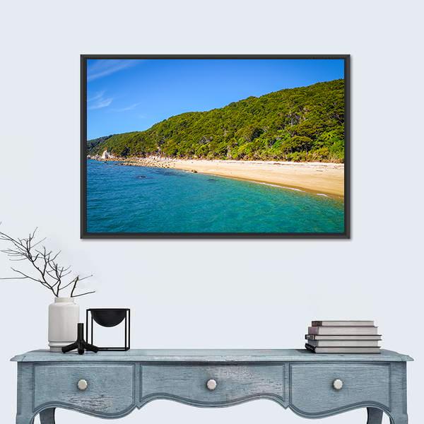 White Sand Bay And Turquoise Sea Canvas Wall Art-1 Piece-Floating Frame-24" x 16"-Tiaracle