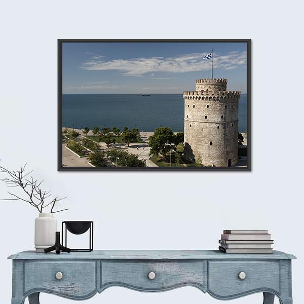 White Tower And Seaside Of Thessaloniki Canvas Wall Art-1 Piece-Floating Frame-24" x 16"-Tiaracle