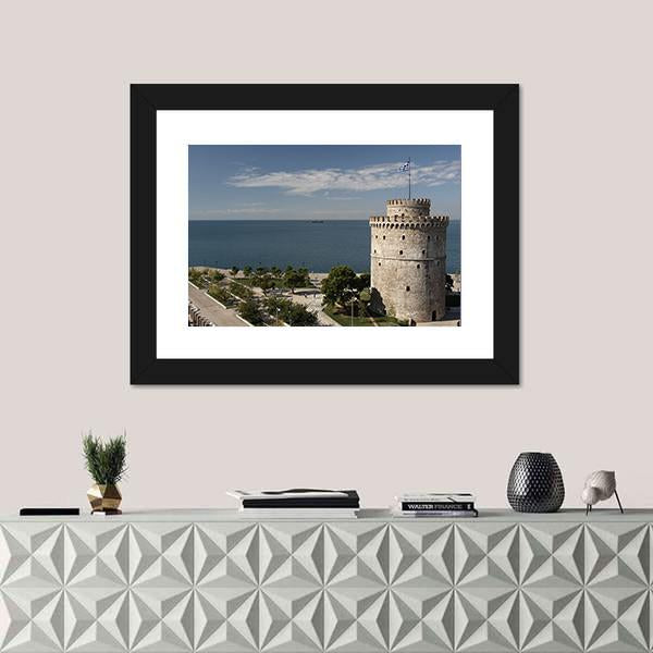 White Tower And Seaside Of Thessaloniki Canvas Wall Art-1 Piece-Framed Print-20" x 16"-Tiaracle