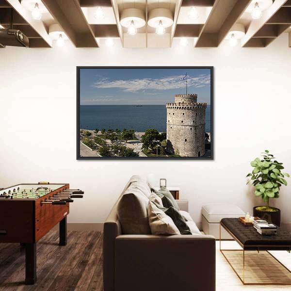 White Tower And Seaside Of Thessaloniki Canvas Wall Art-3 Horizontal-Gallery Wrap-25" x 16"-Tiaracle
