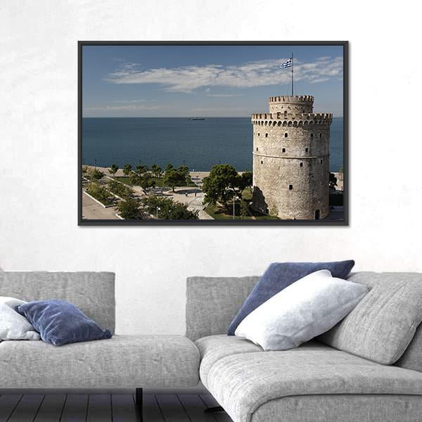 White Tower And Seaside Of Thessaloniki Canvas Wall Art-3 Horizontal-Gallery Wrap-25" x 16"-Tiaracle