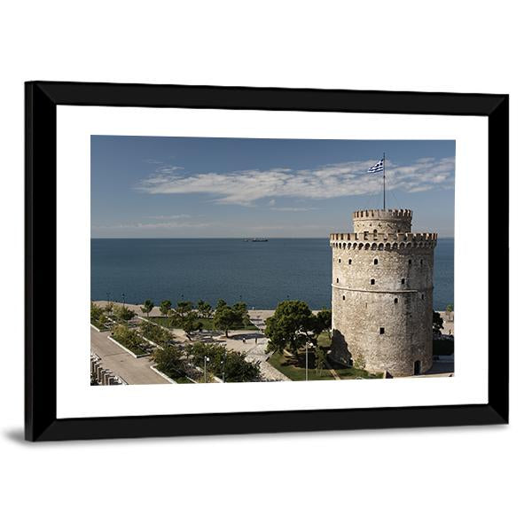 White Tower And Seaside Of Thessaloniki Canvas Wall Art-3 Horizontal-Gallery Wrap-25" x 16"-Tiaracle