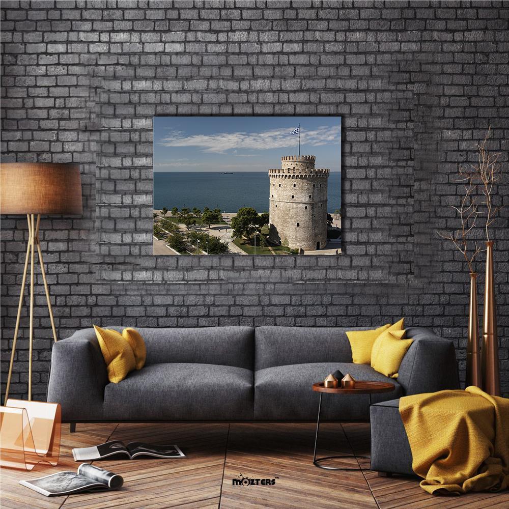 Thessaloniki White Tower by the Sea Canvas Wall Art in gray, beige and blue, single panel hung on a wall