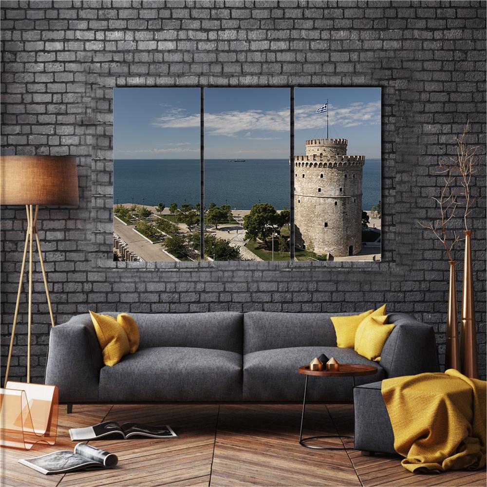 White Tower And Seaside Of Thessaloniki Canvas Wall Art-3 Horizontal-Gallery Wrap-37" x 24"-Tiaracle