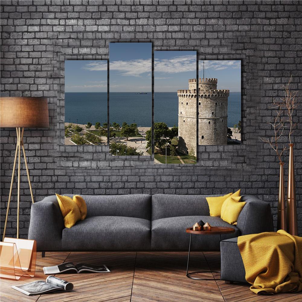 White Tower And Seaside Of Thessaloniki Canvas Wall Art-4 Pop-Gallery Wrap-50" x 32"-Tiaracle