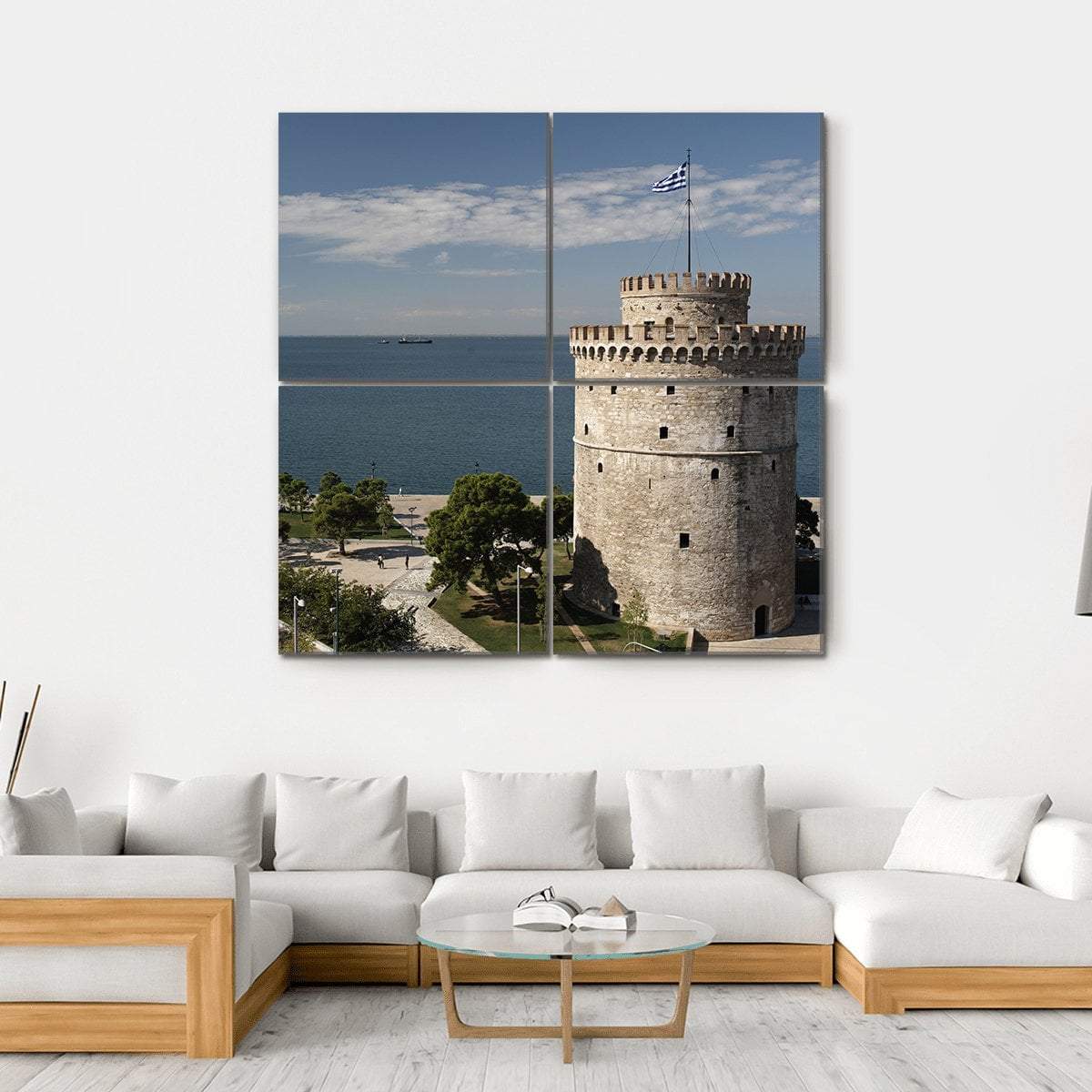 White Tower And Seaside Of Thessaloniki Canvas Wall Art-4 Square-Gallery Wrap-17" x 17"-Tiaracle