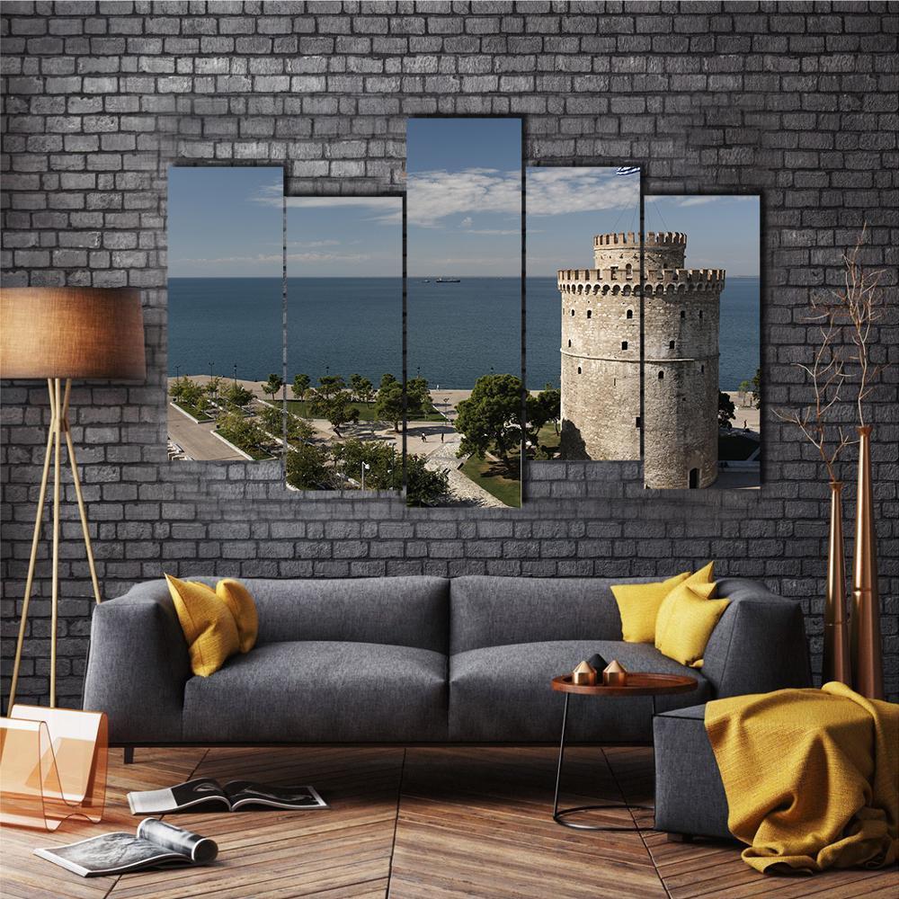 White Tower And Seaside Of Thessaloniki Canvas Wall Art-5 Pop-Gallery Wrap-47" x 32"-Tiaracle