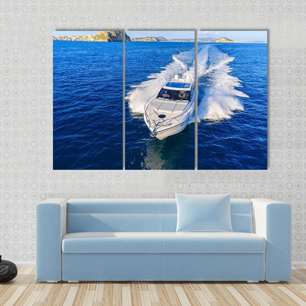 White Yacht In Ocean Canvas Wall Art-3 Horizontal-Gallery Wrap-37" x 24"-Tiaracle