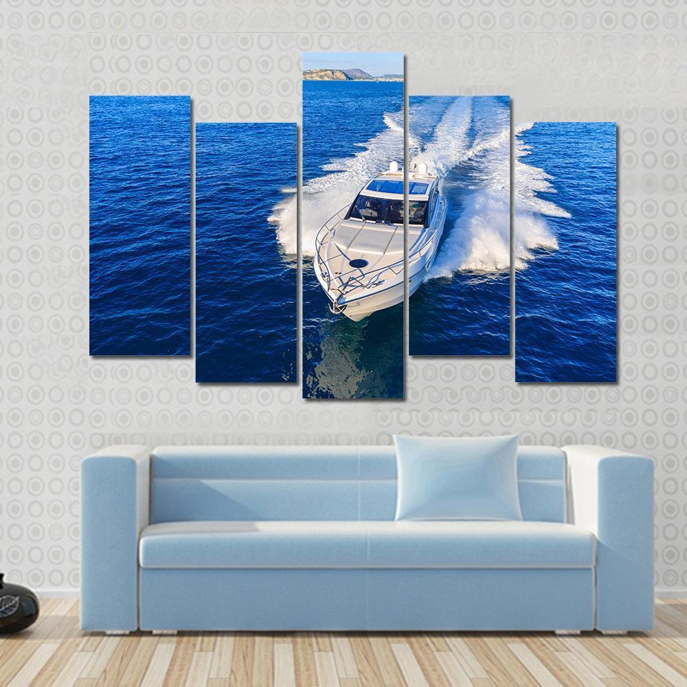 White Yacht In Ocean Canvas Wall Art-5 Pop-Gallery Wrap-47" x 32"-Tiaracle