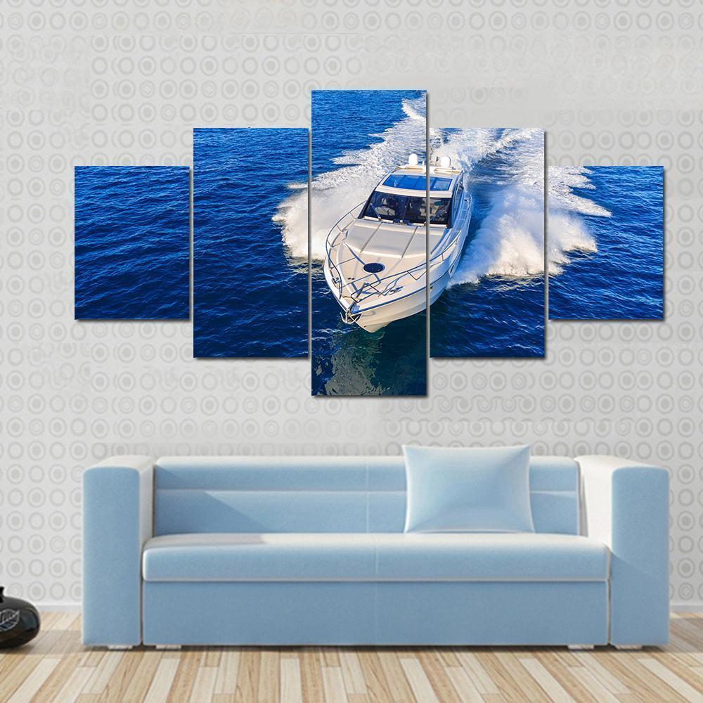 White Yacht In Ocean Canvas Wall Art-5 Star-Gallery Wrap-62" x 32"-Tiaracle