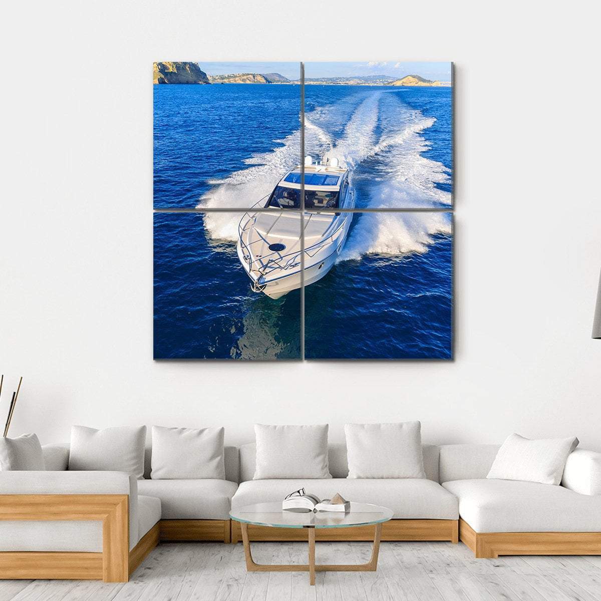 White Yacht In Ocean Canvas Wall Art-4 Square-Gallery Wrap-17" x 17"-Tiaracle