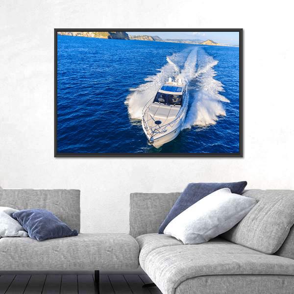 White Yacht In Ocean Panoramic Canvas Wall Art-1 Piece-36" x 12"-Tiaracle