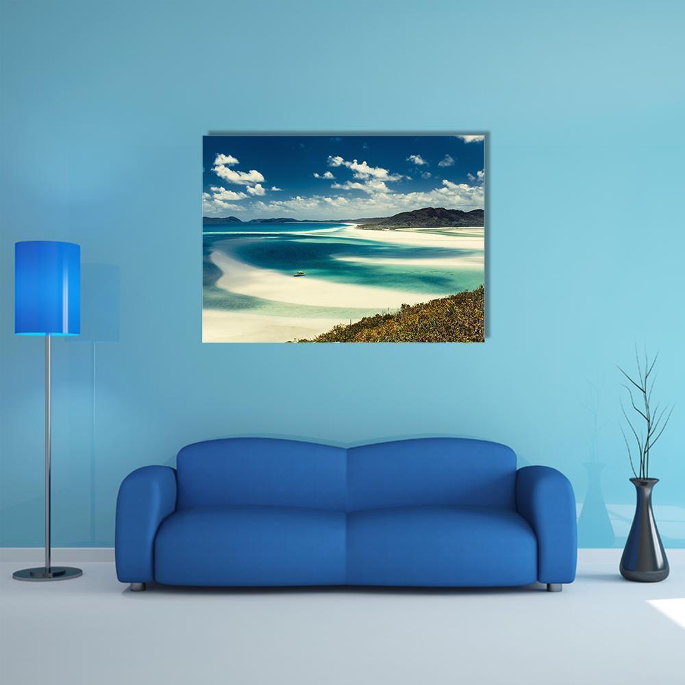 Whitehaven Beach Turquoise Inlet Canvas Wall Art in white and blue, single panel hung on a wall