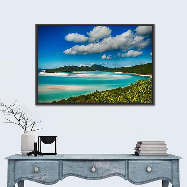 Whitehaven Beach Lagoon Canvas Wall Art in white, green and blue, framed canvas, product view on a white background