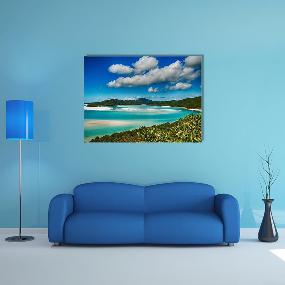 Whitehaven Beach Lagoon Canvas Wall Art in white, green and blue, single panel hung on a wall