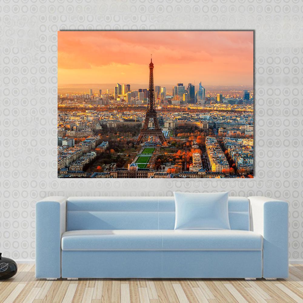 Eiffel Tower at Twilight, Paris Skyline Canvas Wall Art in gray, orange and yellow, single panel hung on a wall