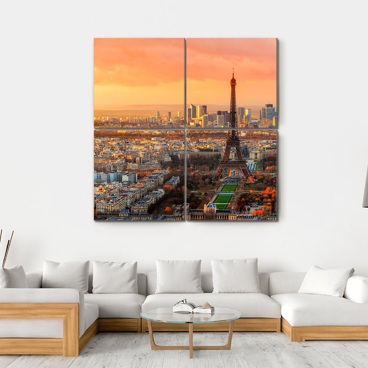 Eiffel Tower at Twilight, Paris Skyline Canvas Wall Art in gray, orange and yellow, hung on a wall