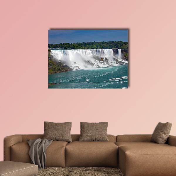 Niagara Falls from the Canadian Side Canvas Wall Art in white, green and blue, single panel hung on a wall