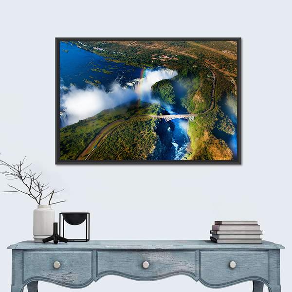Widest Victoria Falls From The Air Canvas Wall Art-1 Piece-Floating Frame-24" x 16"-Tiaracle