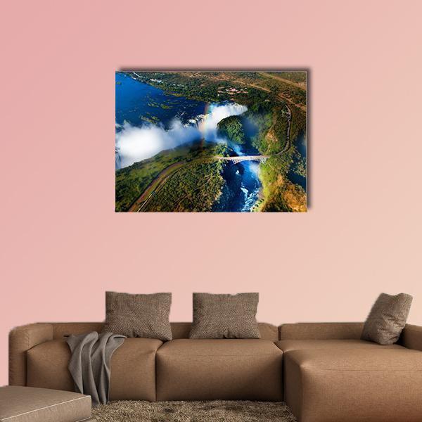 Victoria Falls Aerial View Canvas Wall Art in white, green and blue, single panel hung on a wall