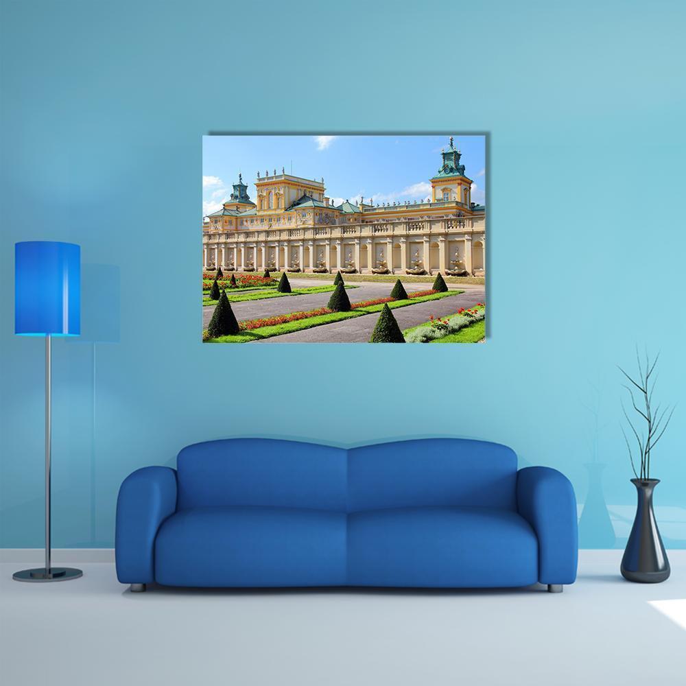 Wilanow Palace and Gardens Canvas Wall Art in yellow, green and blue, single panel hung on a wall