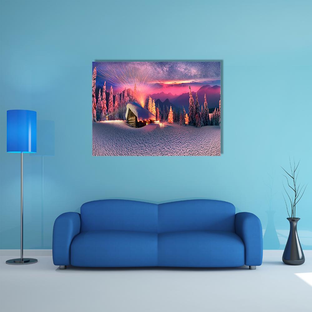 Snow-covered Cabin Under Milky Way Canvas Wall Art in white, purple and pink, single panel hung on a wall