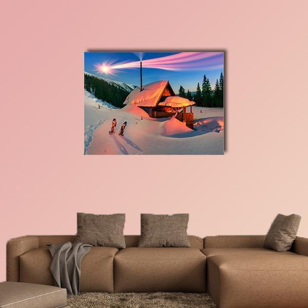 Snowy Cabin in Winter Forest at Sunset Canvas Wall Art in white, orange and blue, single panel hung on a wall