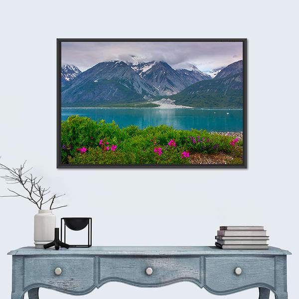 Glacier Bay Wildflowers and Snow-capped Mountains Canvas Wall Art in gray, green and blue, framed canvas, product view on a white background