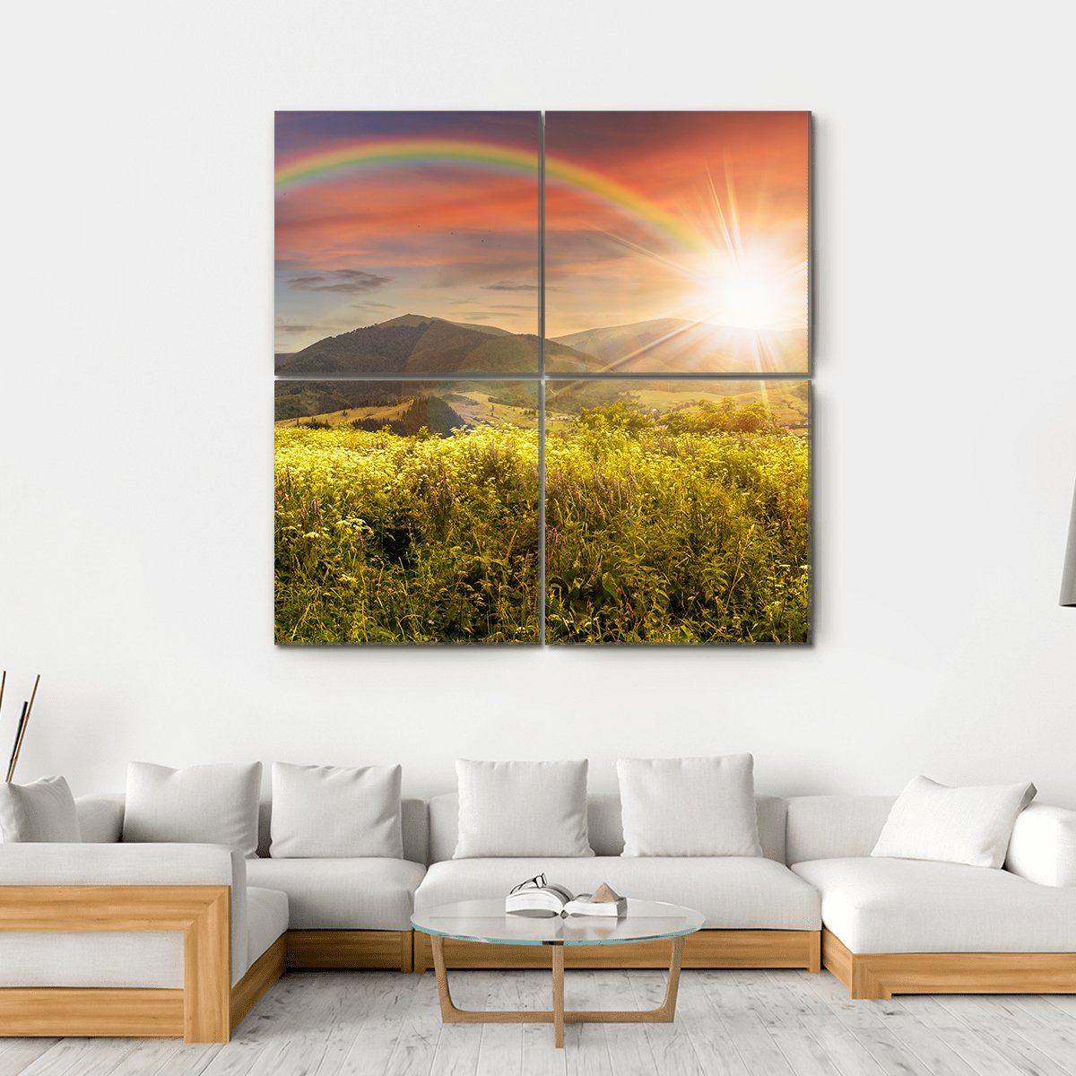 Meadow In Mountains With Rainbow Canvas Wall Art-4 Square-Gallery Wrap-17" x 17"-Tiaracle