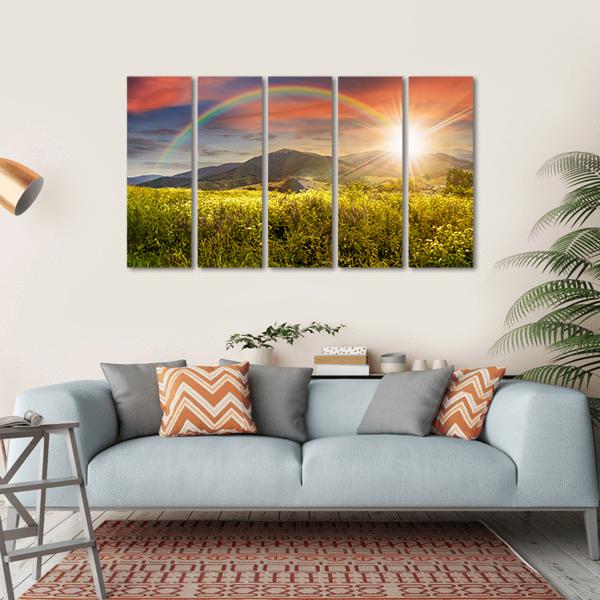 Meadow In Mountains With Rainbow Canvas Wall Art-5 Horizontal-Gallery Wrap-22" x 12"-Tiaracle