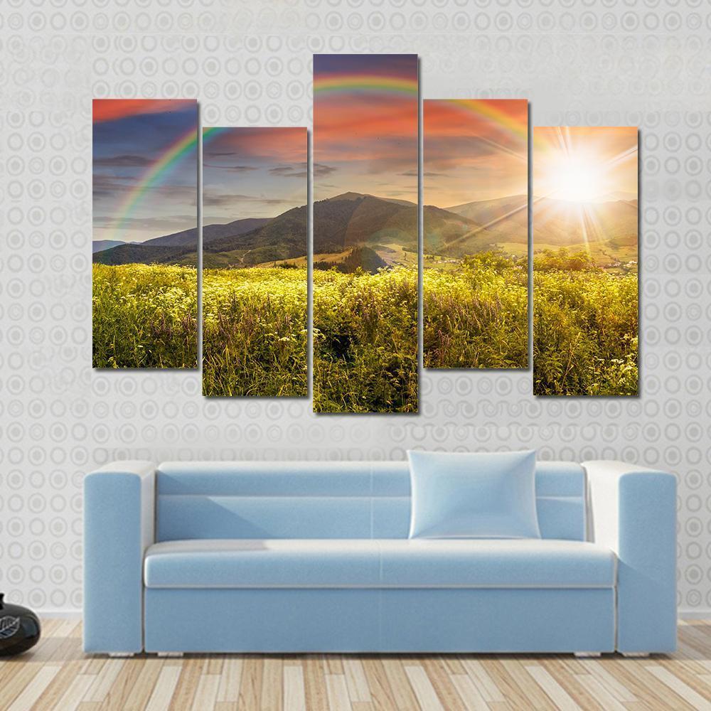 Meadow In Mountains With Rainbow Canvas Wall Art-1 Piece-Gallery Wrap-48" x 32"-Tiaracle